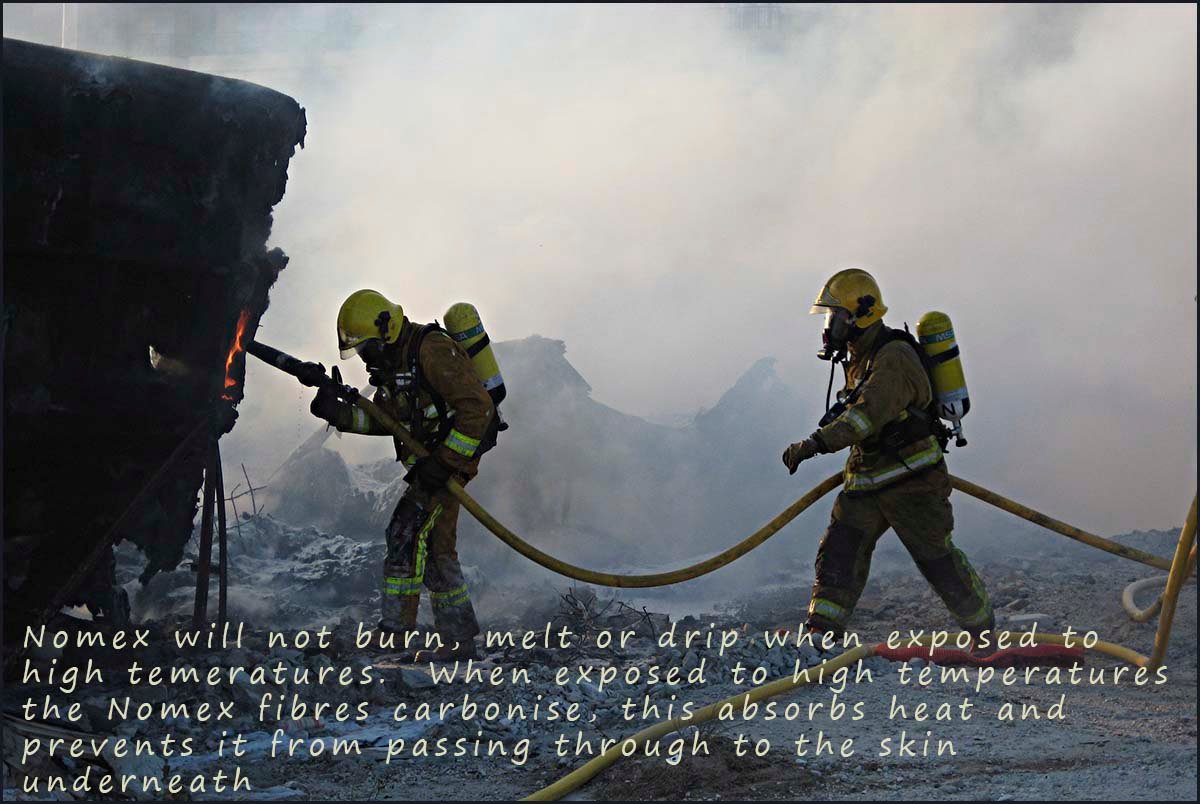 Firemen fighting a fire while wearing Nomex fire resistant clothing